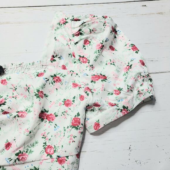 Lulus Cute Factor White Floral Puff Sleeve Crop Top Tiered Mini Skirt Set Large - Picture 6 of 13